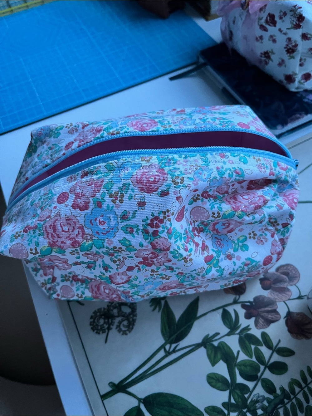 Floral Cotton Cosmetic Bag - Pink & Teal